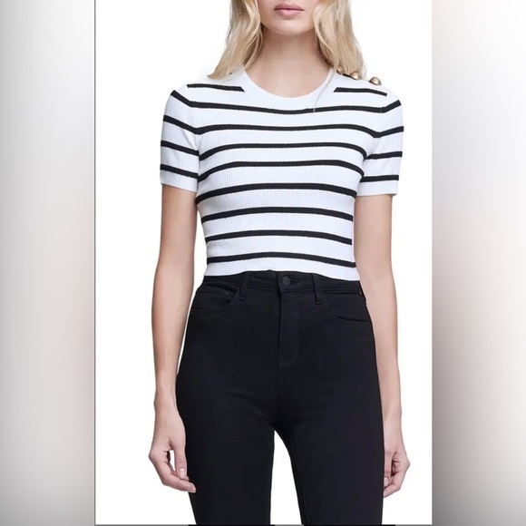 NWOT L’Agence Delphine Striped Ribbed Knit Sweater Short Sleeve Black/White - Picture 1 of 8